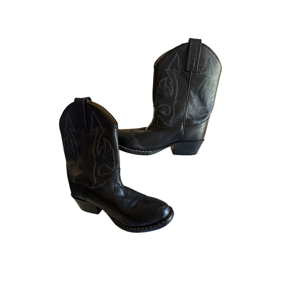 Masterson Kids Cowboy Boots Size 2.5 Black Leather Western Embroidery Pull Tabs